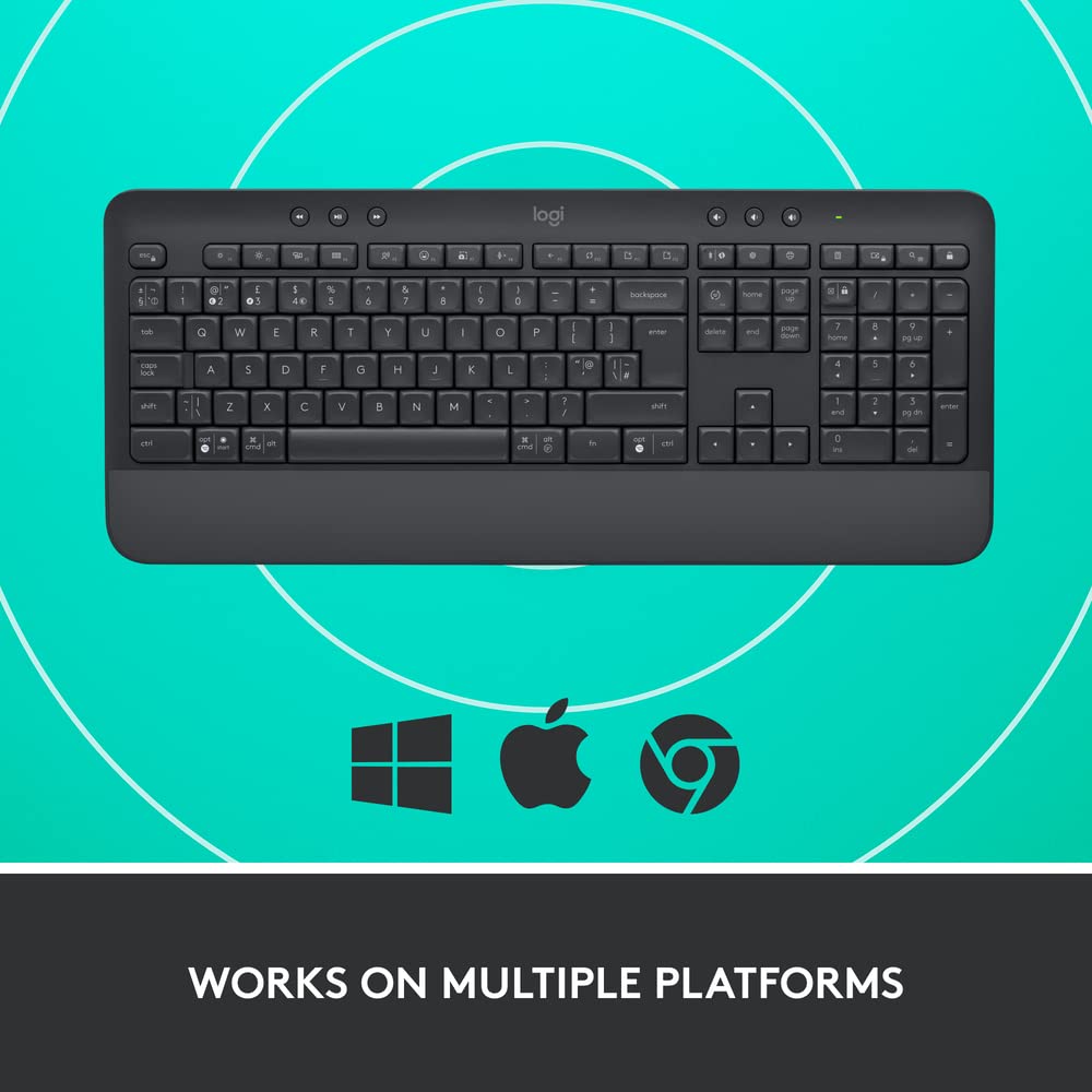 Logitech Signature K650 Wireless Keyboard with Wrist Rest, Full-Size, BLE Bluetooth or Logi Bolt USB Receiver, Comfort Deep-Cushioned Keys, Numpad, Compatible with Most OS/PC/Windows/Mac-Black