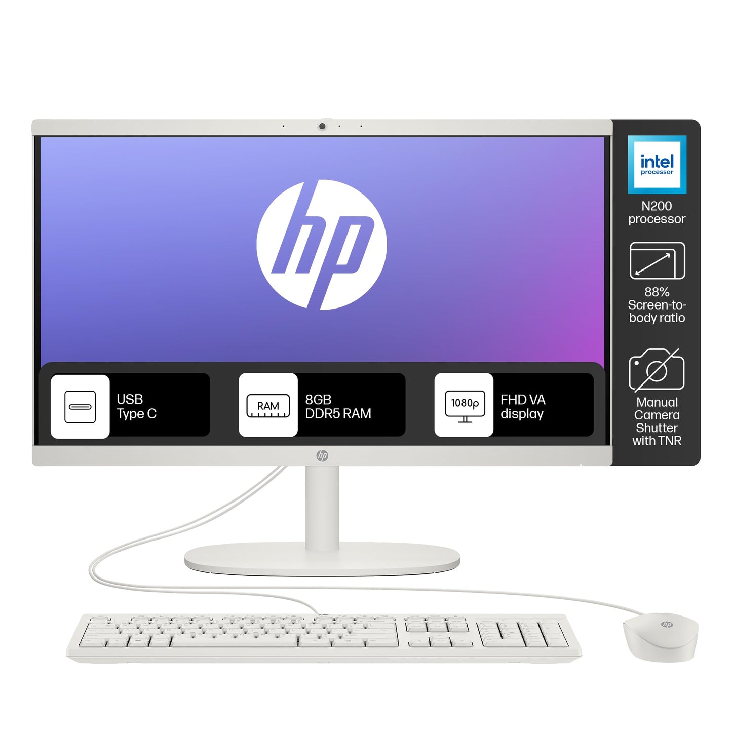 HP All-in-One PC, Windows 11 Home, Intel Processor N200, 21.45-Inch (54.5 Cm), FHD, Intel UHD Graphics, 720P HD Camera W/Privacy Shutter, Dual Speakers (Win 11, White, 4.17 Kg), Dg0154In